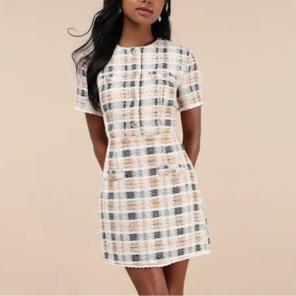Uniquely Posh Beige Tweed Sequin Lurex Short Sleeve Mini Dress